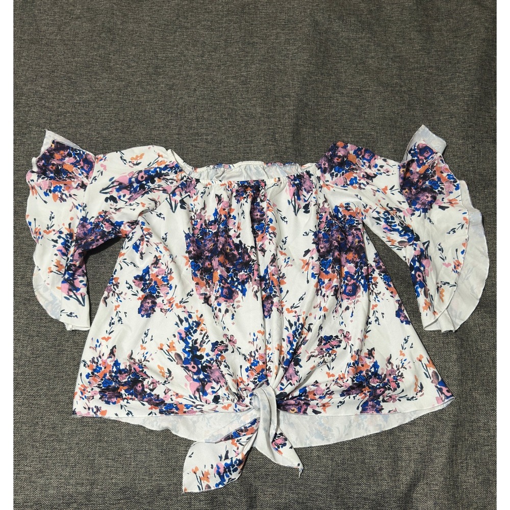 Unbranded Women XL Top Off Shoulder Floral Tie Front‎ Ruffle Sleeve
